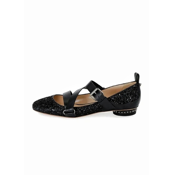 Valentino Garavani Rockstud Glitter Harness Strappy Leather Ballerina Fl… - Picture 4 of 12